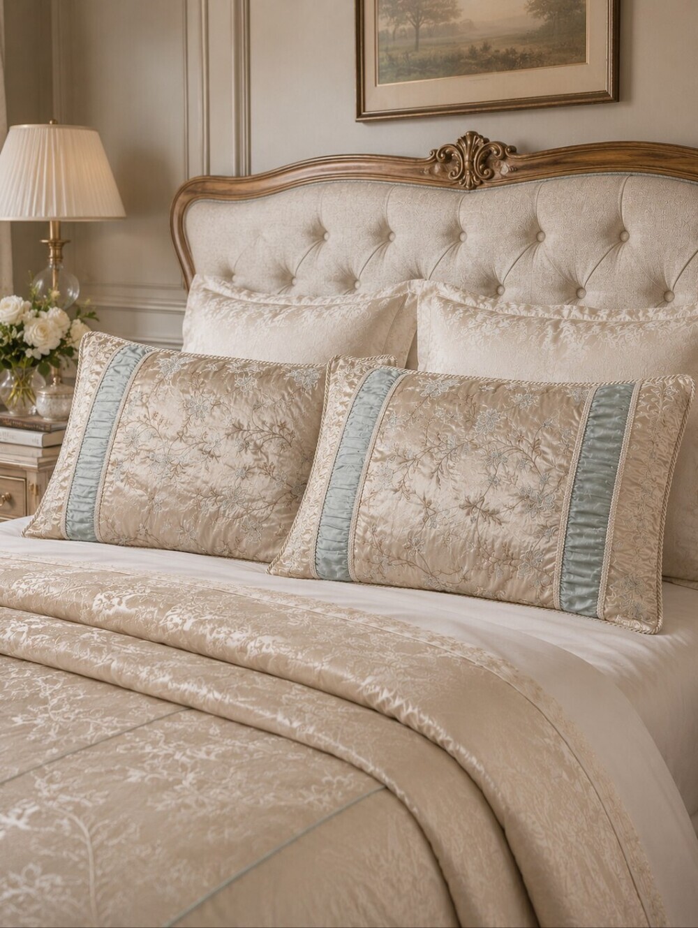 Reversible Gold & Seafoam Floral Pillow Shams Pair King Damask Embroidered